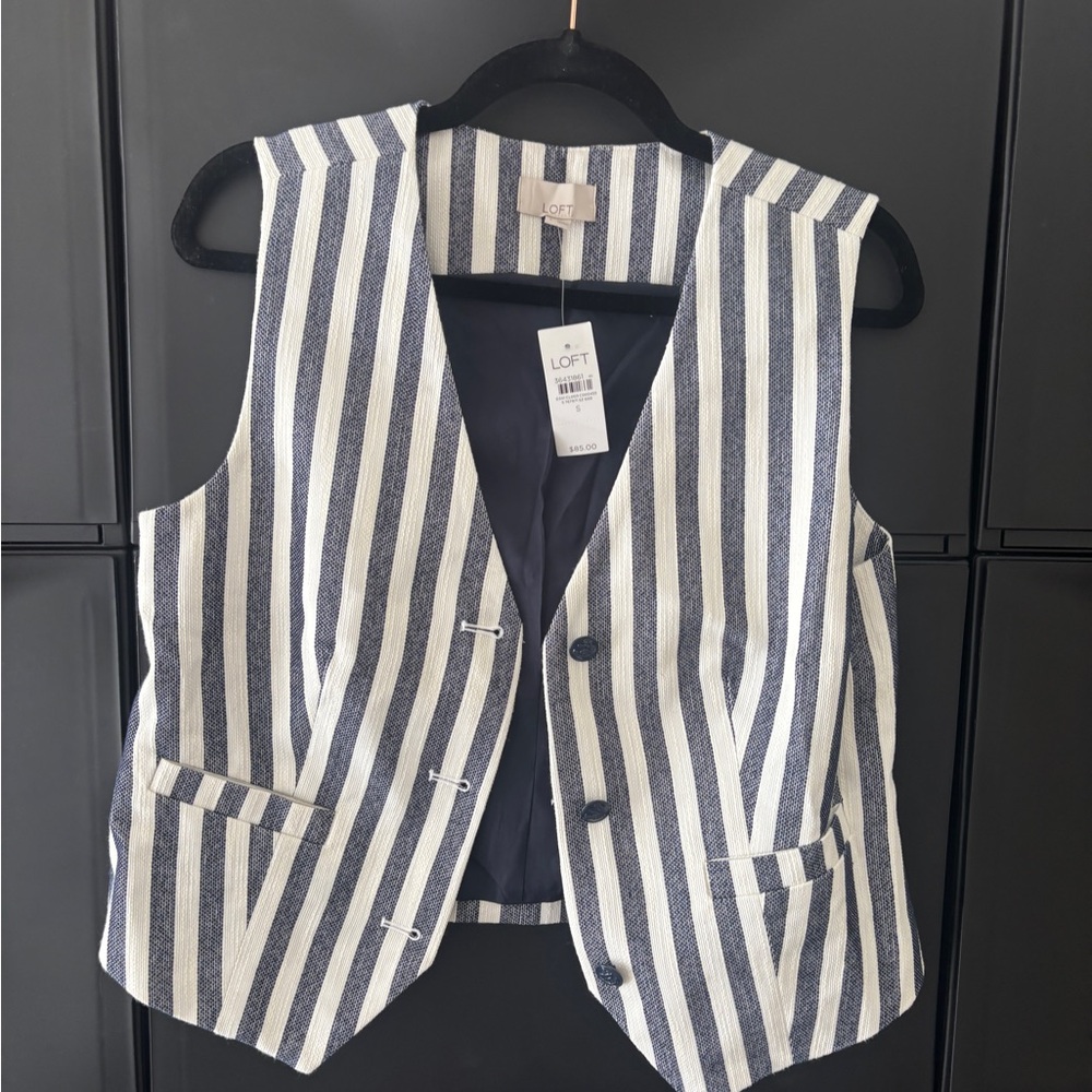 LOFT Navy and Cream Striped Vest